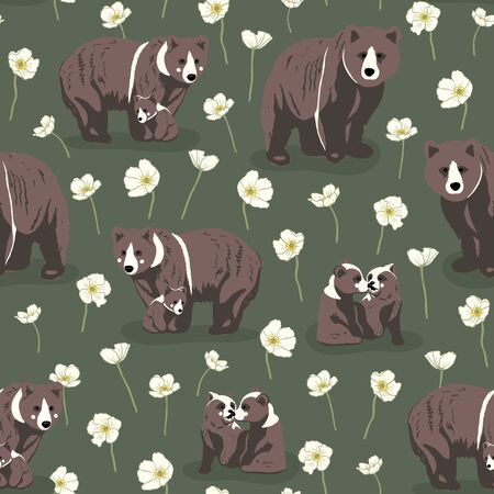 The Bear Family - cute vector repeat pattern with mommy and daddy bear and their little bears among white anemone flowers. One of The Bear Family collection patterns.のイラスト素材