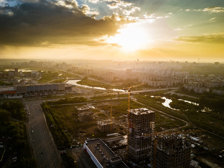 Aerial drone panoramic view of new residential area building, sunny evening after the rain in Chelyabinsk city, Russiaの写真素材