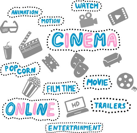 Online cinema hand drawn illustrations set. Design elements. Handwritten lettering. Film time, movie, accessories. Pop corn and colaのイラスト素材
