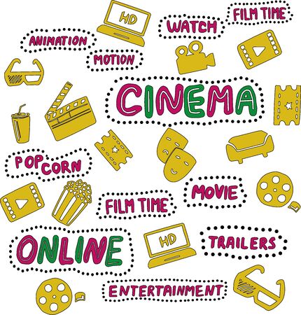 Online cinema hand drawn illustrations set. Design elements in pink, yellow and green color. Handwritten lettering. Film time, movie, accessories. Pop corn and cola, 3d glasses, ticket, seats, maskのイラスト素材
