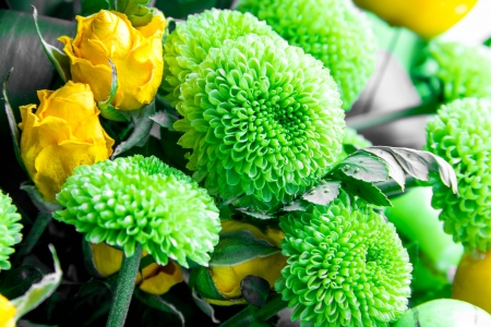 Bright green bouquet with chrysanthemums and yellow roses の写真素材