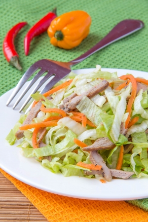 Crispy salad with pork, korean carrots and lettuce の写真素材
