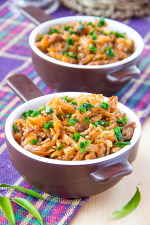 Stewed cabbage with meat in cupsの写真素材