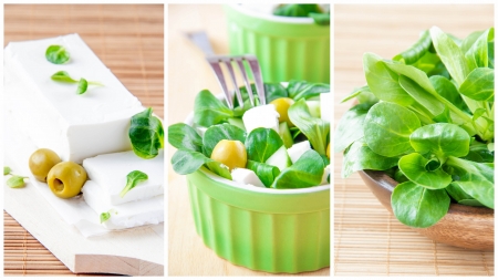 Collage of green greek salad with olive, corn and fetaの写真素材