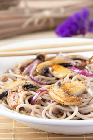 Asian vegetarian meal - buckwheat noodles with champignon and onionの写真素材