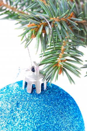 Brilliant blue ball weighs on Christmas tree, isolated on whiteの写真素材