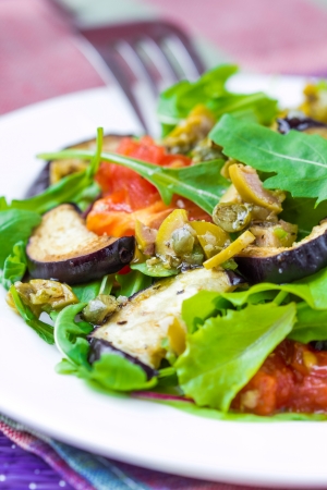 Salad with grilled vegetables, eggplant, tomatoes, lettuce and tasty sauce on plateの写真素材