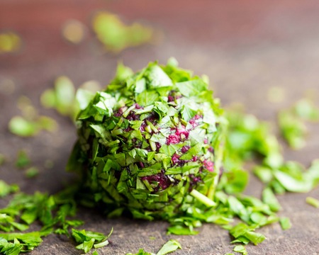 Balls of beet rolled in parsley, tasty summer appetizerの写真素材