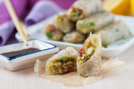 Asian spring rolls stuffed with quinoa, vegetables, crisp, tasty dishの写真素材