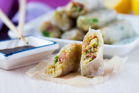 Asian spring rolls stuffed with quinoa, vegetables, crisp, tasty dishの写真素材