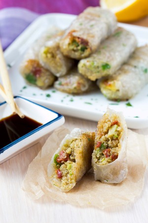 Asian spring rolls stuffed with quinoa, vegetables, crisp, tasty dishの写真素材