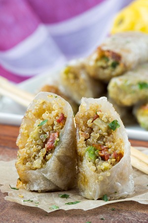 Asian spring rolls stuffed with quinoa, vegetables, crisp, tasty dishの写真素材