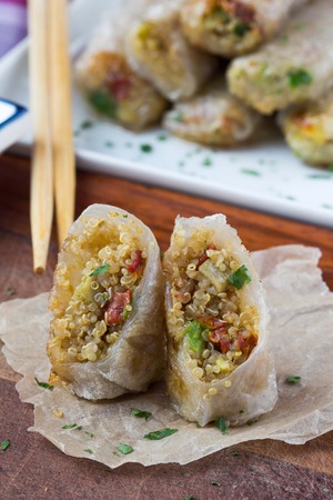 Asian spring rolls stuffed with quinoa, vegetables, crisp, tasty dishの写真素材
