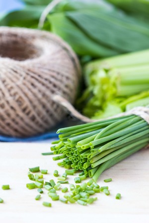 Bunch of green spring chives bow tied with ribbon, fresh vegetablesの写真素材
