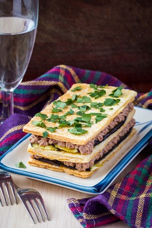 French appetizer millefeuille with eggplant, mousse, paste, cream of beans and meatの写真素材