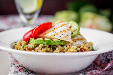 Bulgur with vegetables and grilled chicken, healthy, diet tasty summer dishの写真素材