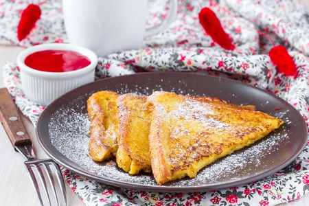French toast with strawberry sauce, rustic breakfast, delicious dessertの写真素材