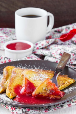 French toast with strawberry sauce, rustic breakfast, delicious dessertの写真素材