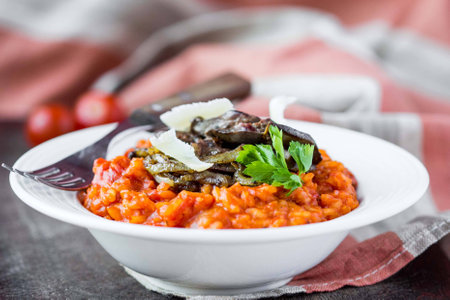 Tomato risotto, red rice with fried chicken liver, onions, homemade Italian dishの写真素材