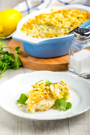 Casserole with crispy crumble, potato gratin, baked meat butter cheese dish, delicious homemade dinnerの写真素材
