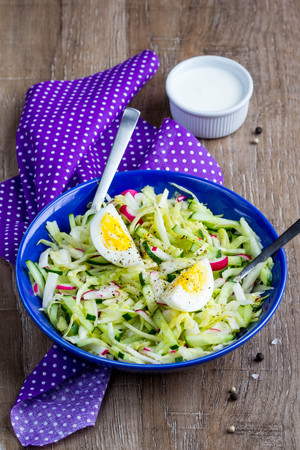 Fresh salad with cabbage, cucumber, radish and egg, healthy spring dish in rustic style and bright presentationの写真素材