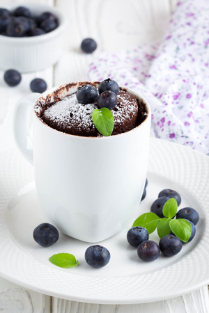 Chocolate cake in a mug with blueberry and powdered sugar, delicious summer dessertの写真素材