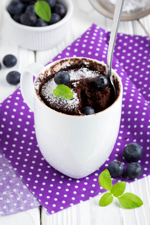 Chocolate cake in a mug with blueberry and powdered sugar, delicious summer dessertの写真素材