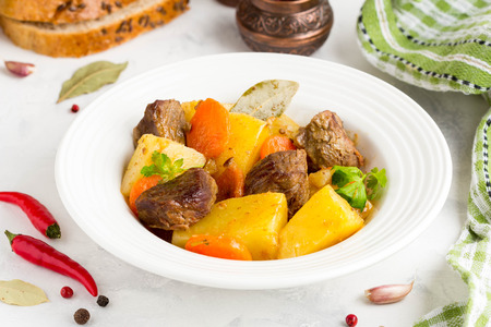 Beef stew with vegetables potatoes, carrots, delicious autumn dish, gravy sauceの写真素材