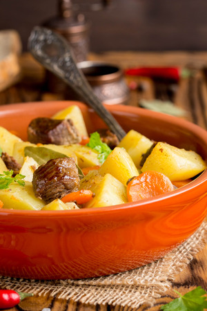 Beef stew with vegetables potatoes, carrots, delicious autumn dish, gravy sauceの写真素材