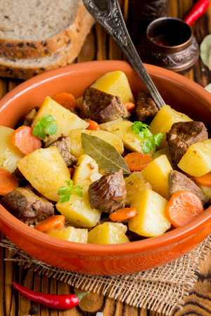 Beef stew with vegetables potatoes, carrots, delicious autumn dish, gravy sauceの写真素材