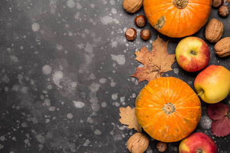 Apples, pumpkins,hazelnut, walnut and fallen leaves on dark background. Copy space for text, top view. Thanksgiving backgroundの写真素材