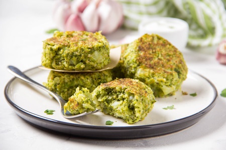 Green broccoli pancake, tasty healthy lunch, vegetarian diet foodの写真素材