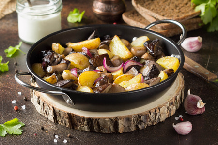 Fried potatoes with forest mushrooms, boletus, onions and sour cream.の写真素材