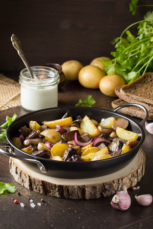 Fried potatoes with forest mushrooms, boletus, onions and sour cream.の写真素材