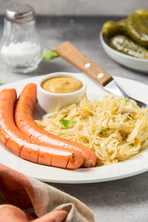 Stewed white cabbage with two long fried sausages, mustard and pickled cucumbers.の写真素材