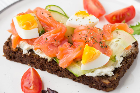 Salmon toast with cream cheese, cucumber and egg. Delicious lunch, healthy food, fish sandwich, diet snackの写真素材