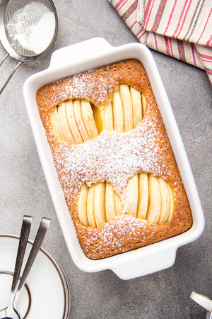 Apple pie (charlotte, casserole), with corn flour and semolina. Healthy food, gluten free, homemade cakesの写真素材
