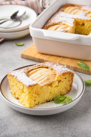 Apple pie (charlotte, casserole), with corn flour and semolina. Healthy food, gluten free, homemade cakesの写真素材
