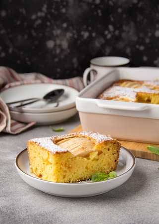 Apple pie (charlotte, casserole), with corn flour and semolina. Healthy food, gluten free, homemade cakesの写真素材