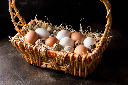 Different eggs in the basket, white, dark, quail and chicken. Easter holidayの写真素材