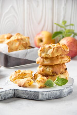 Homemade apple cookies with milk and mint, soft and tender biscuits. Summer dessert, autumn food, breakfast for children, sweet snackの写真素材