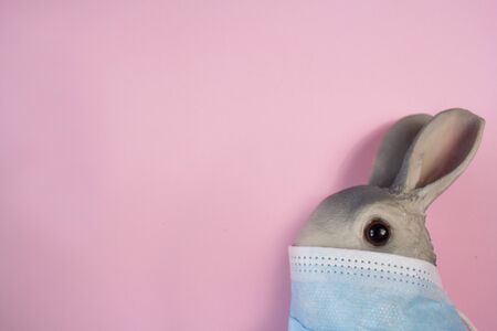 COVID 19 Easter Bunny Concept for easter holiday due to coronavirus quarantine holiday protection fonの写真素材