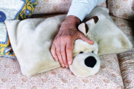 Elderly man's hand resting on a stuffed dogの写真素材