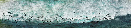 Maremma landscape, Tuscany. White herons in flight. Negative photo, greenish dominant.