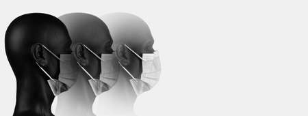 Triple image of dark plastic mannequin head in profile with mask, monochrome photoの写真素材