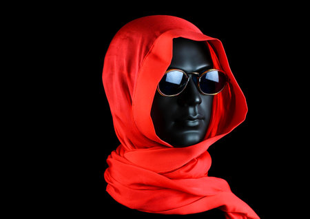 Black plastic mannequin head with sunglasses and red silk scarf, black background.の写真素材