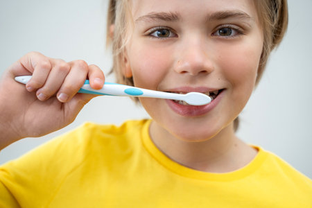 SchoolBoy Brush Teeth Child Looking At Camera Over White Background, Dentistry, Dentistry, Dental...