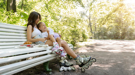 Mother and daughter having snack on bench after skating inline roller in public park together. Family leisure sport activity weekend. Copy negative spaceの写真素材