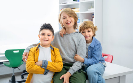 Additional educational course class. Group of student study foreign languages, programming, coding, math or other sciences. STEM. Children posing looking at camera. Advertisementの写真素材