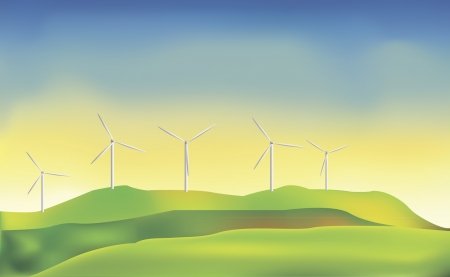 An illustration of energy-producing windmills against blue skyのイラスト素材